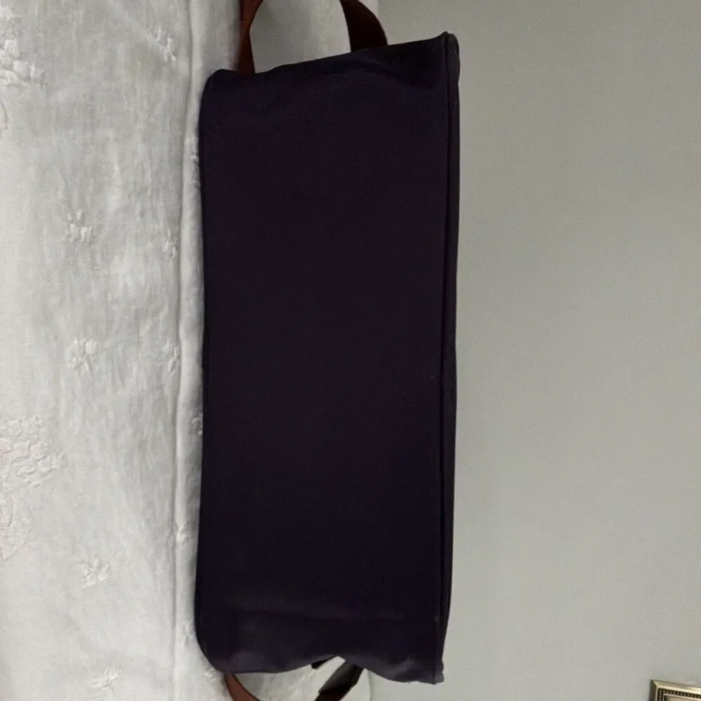 Longchamp Le Pliage Purple Nylon Briefcase Brown Leather Trim Shoulder Strap
